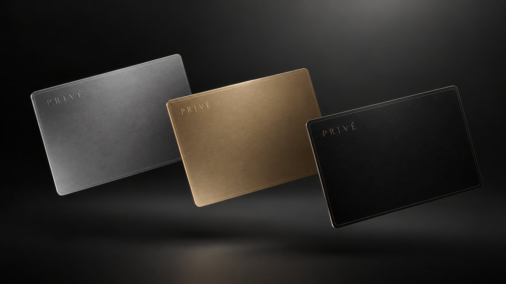 The three Privé cards: silver for Silver, gold for Gold and black for Platinum, each embossed PRIVÉ in serif capitals