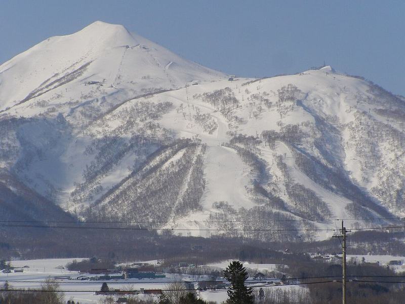 Mount Niseko Annupuri in winter, its ski runs cut through birch forest